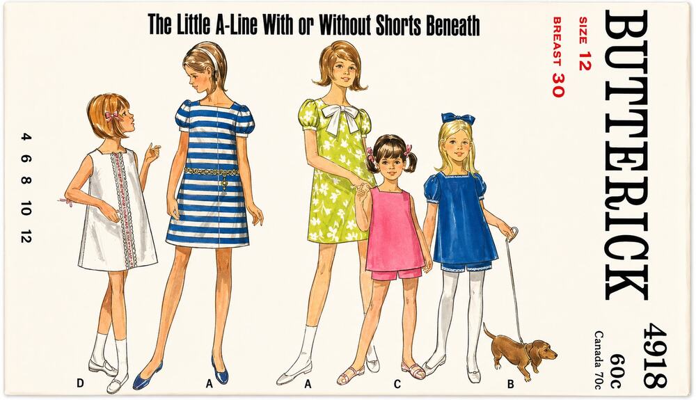 Vintage 60's McCall's 4918 Sewing Pattern Junior A-Line Puff Sleeve Dress 12/30